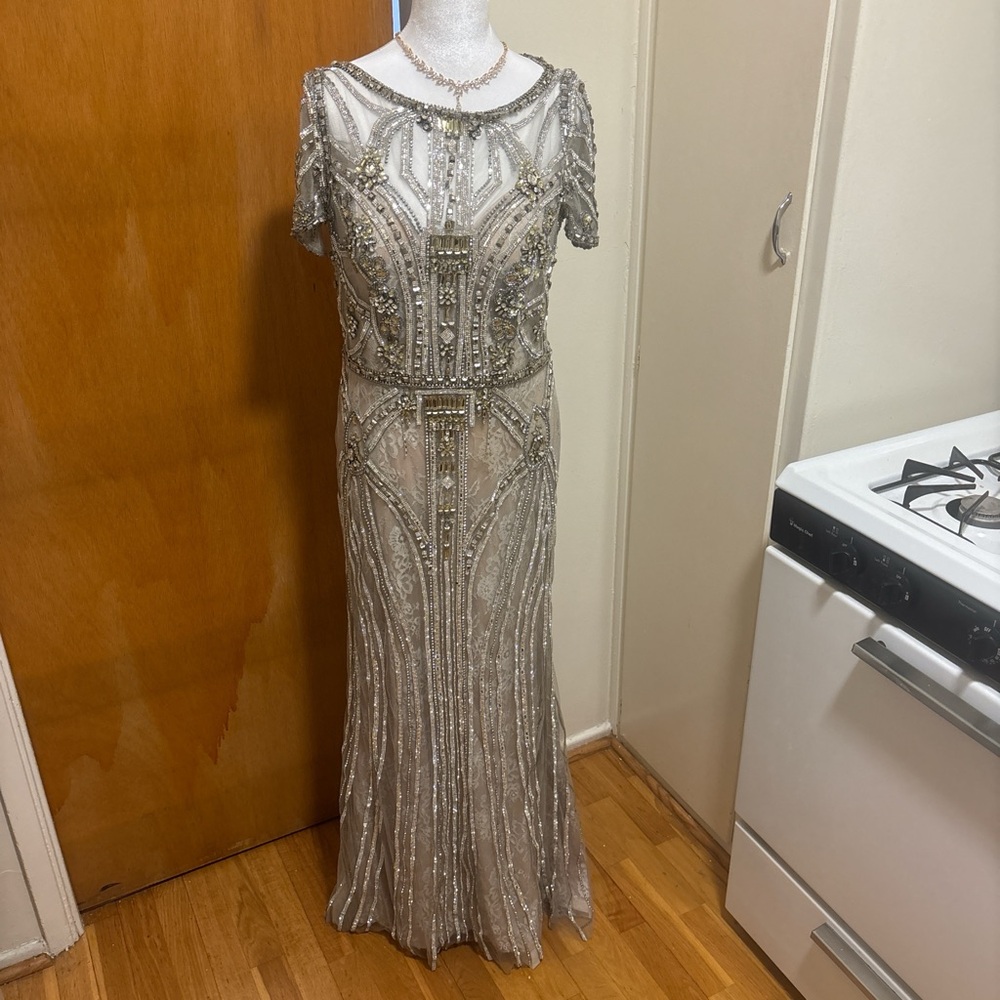 Terani Couture Silver Beaded Maxi Dress